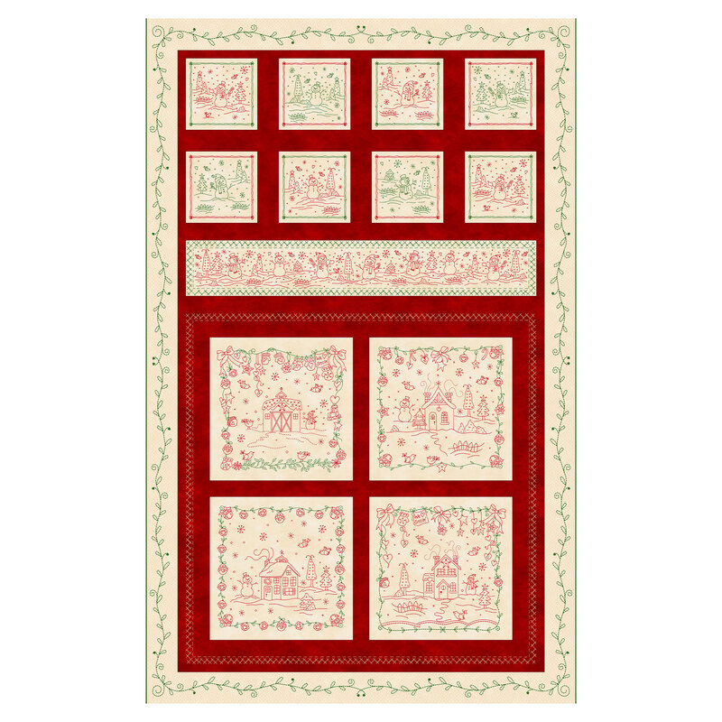 Fabric panel with 12 square beige blocks and one beige rectangular block on a background of mottled red and with a beige border all featuring Christmas motifs.