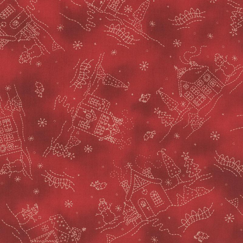 Mottled red background with cream line art depictions of cottages in the snow 