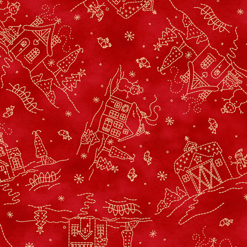 Mottled red background with cream line art depictions of cottages in the snow 