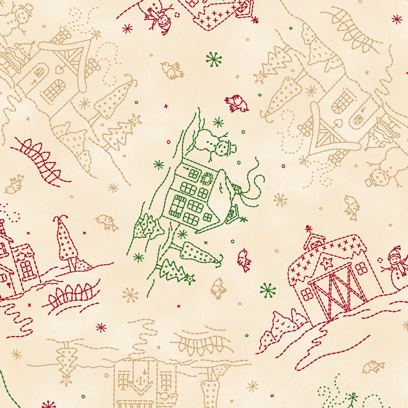 Mottled beige background with red, green, and tan line art depictions of cottages in the snow 