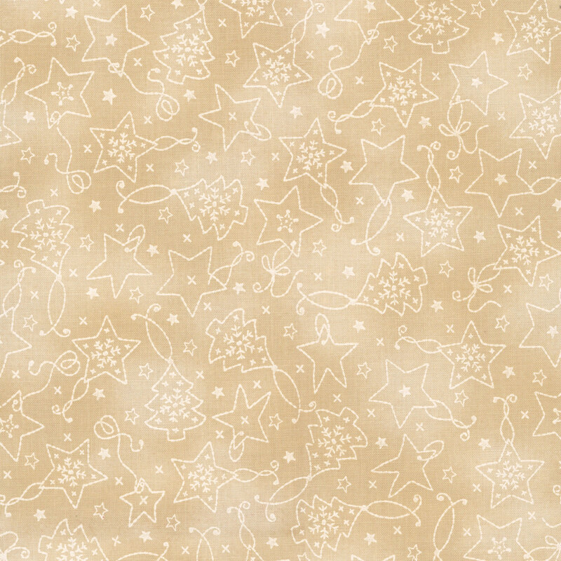 Mottled beige and cream background with off-white line-art of star and evergreen tree ornaments 