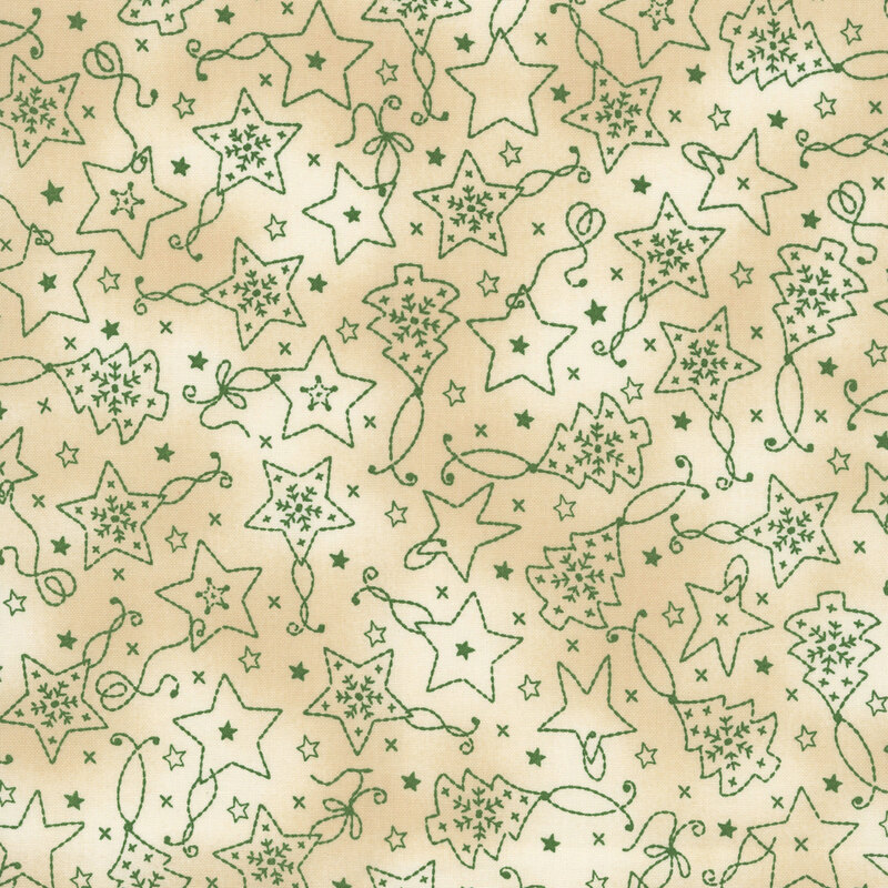 Mottled beige and cream background with green line-art of star and evergreen tree ornaments 