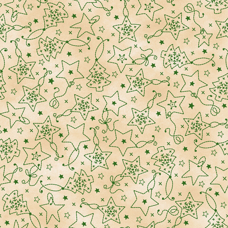 Mottled beige and cream background with green line-art of star and evergreen tree ornaments 