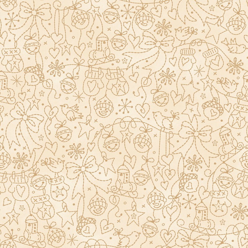 Mottled beige background with dark tan line-art of mittens, bows, and Christmas ornaments