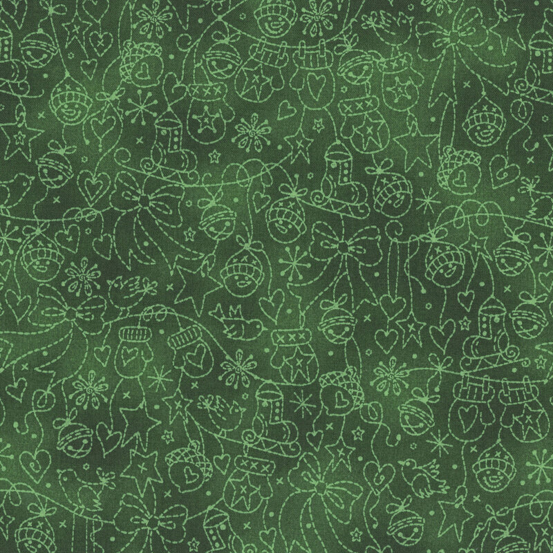 Mottled evergreen background with light green line-art of mittens, bows, and Christmas ornaments
