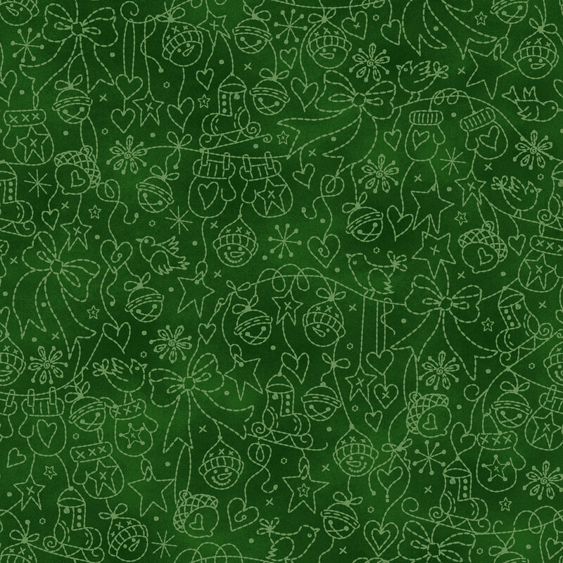 Mottled evergreen background with light green line-art of mittens, bows, and Christmas ornaments