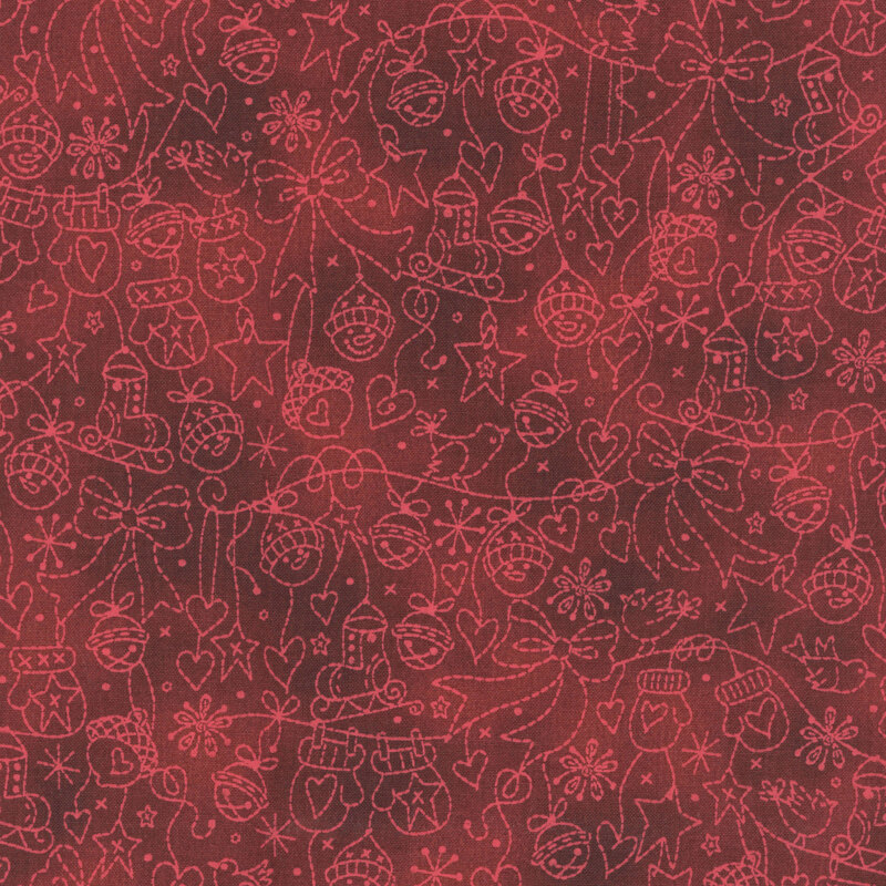 Mottled crimson background with bright scarlet line-art of mittens, bows, and Christmas ornaments
