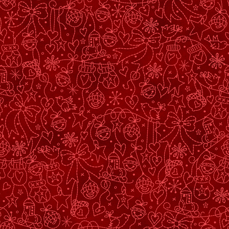 Mottled crimson background with bright scarlet line-art of mittens, bows, and Christmas ornaments