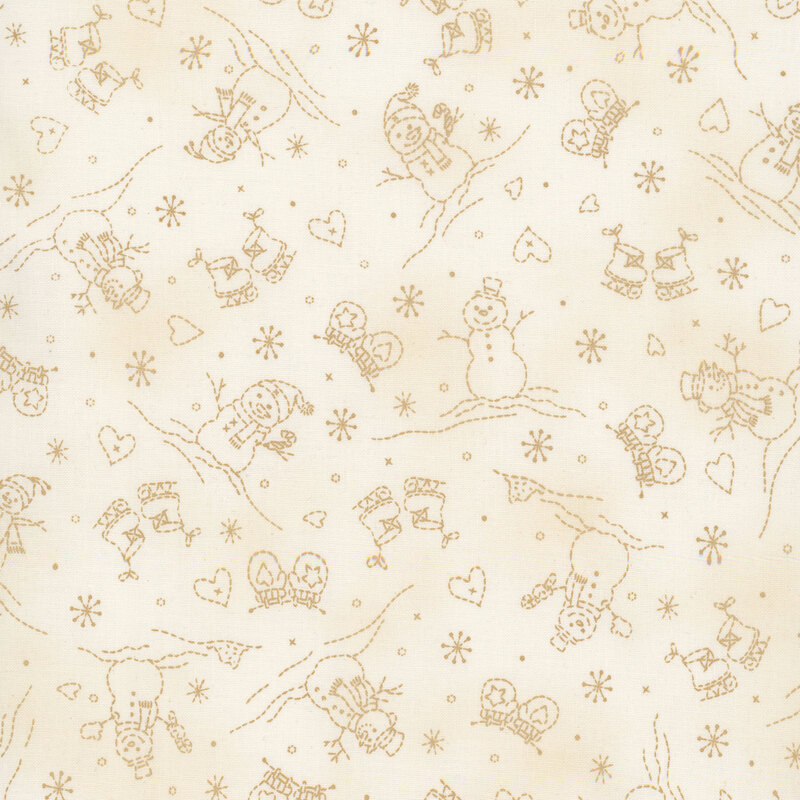 Light beige mottled background with tan line-art of snowmen, mittens, and iceskates