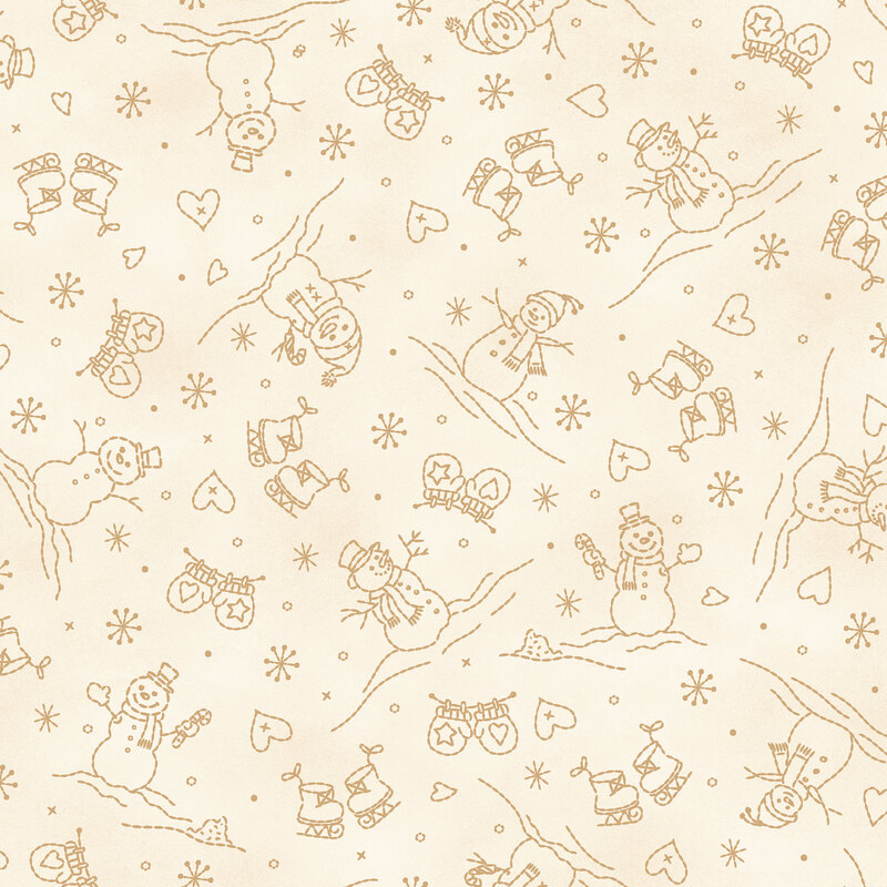 Light beige mottled background with tan line-art of snowmen, mittens, and iceskates