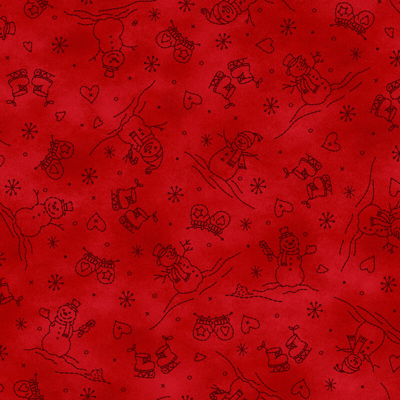 Maroon mottled background with dark line-art of snowmen, mittens, and iceskates