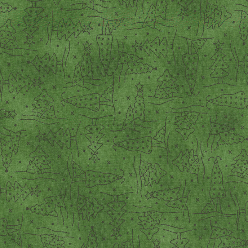Evergreen mottled background with deep green line-art of Christmas trees, decorated with little x's and dot snowflakes