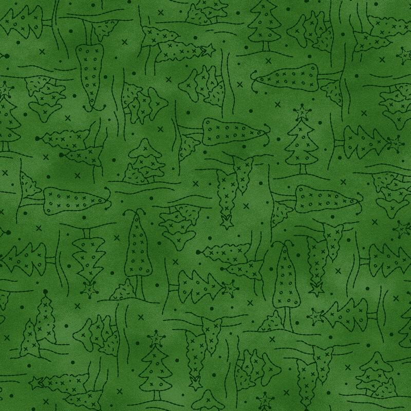 Evergreen mottled background with deep green line-art of Christmas trees, decorated with little x's and o's