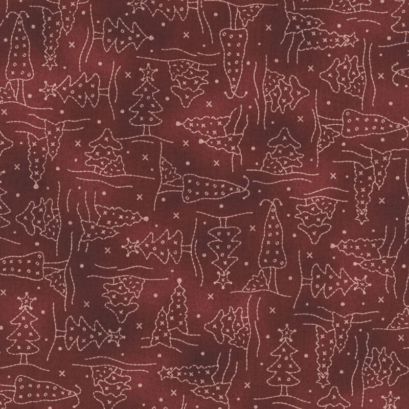 Burgundy mottled background with cream line-art of Christmas trees, decorated with little x and dot snowflakes