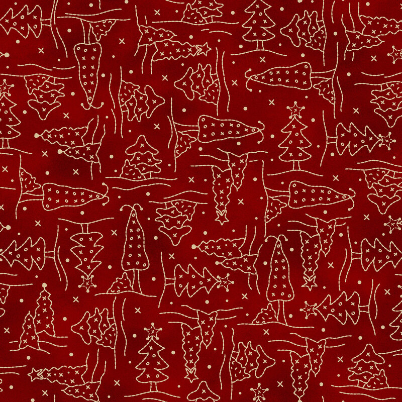 Burgundy mottled background with cream line-art of Christmas trees, decorated with little x's and o's