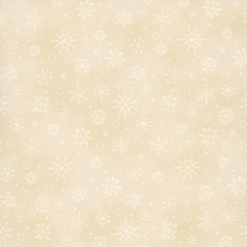 Beige and cream mottled background with a pattern of off-white snowflakes and circles