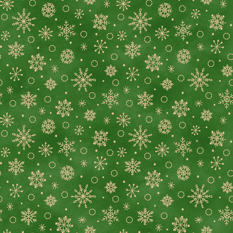 Medium green mottled background with a pattern of beige snowflakes and circles