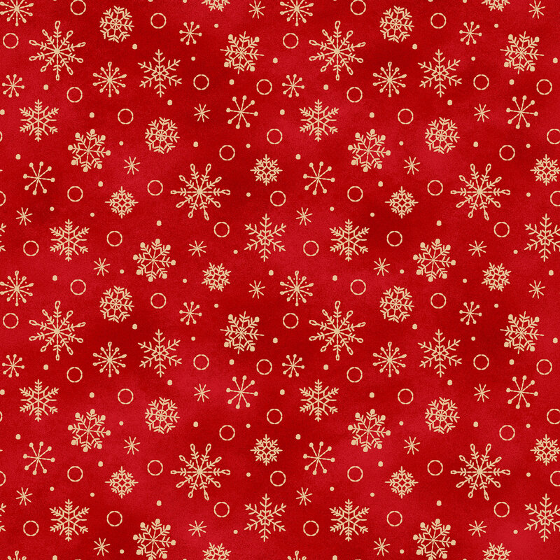 Crimson mottled background with a pattern of cream snowflakes and circles