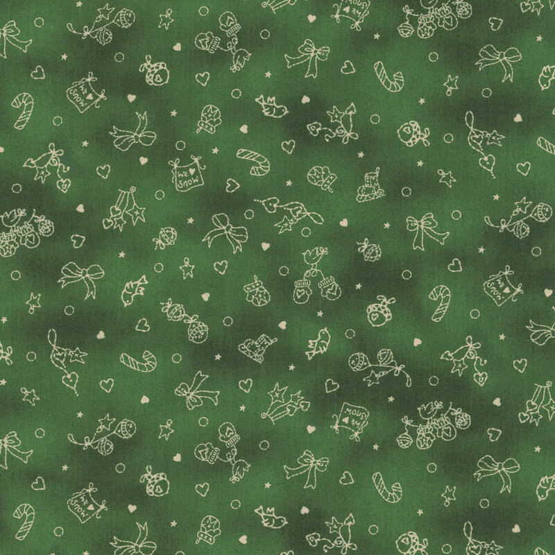 Forest green textured, mottled background with tan line art of bells, ice skates, ornaments, and mittens