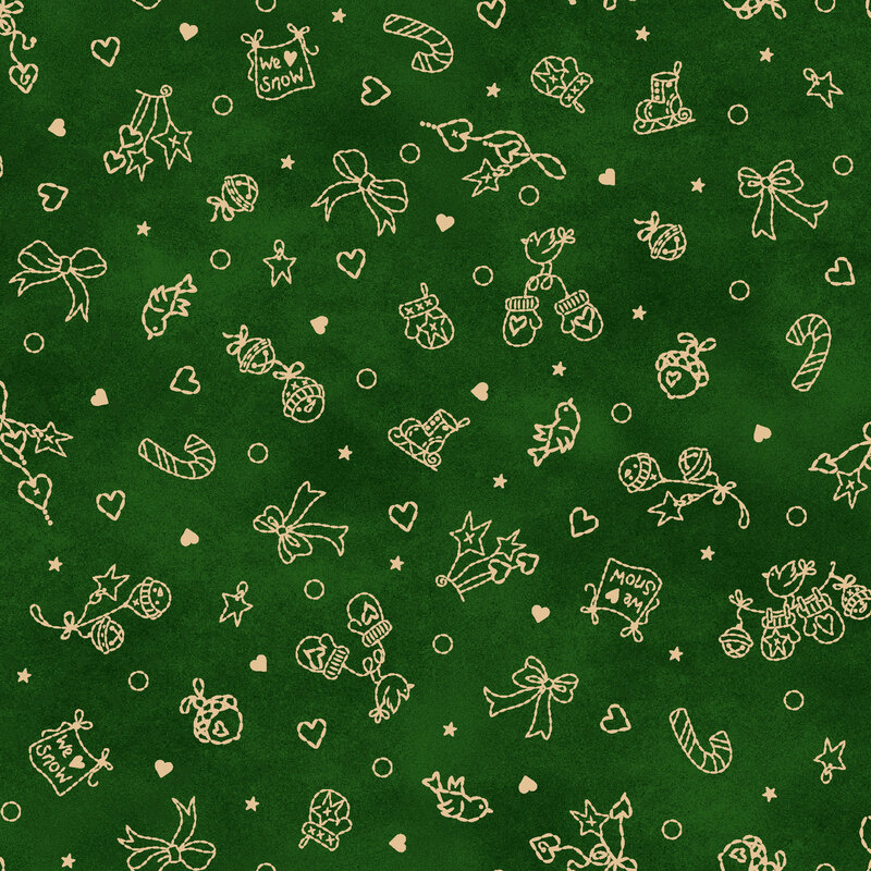 Forest green textured, mottled background with tan line art of bells, ice skates, ornaments, and mittens