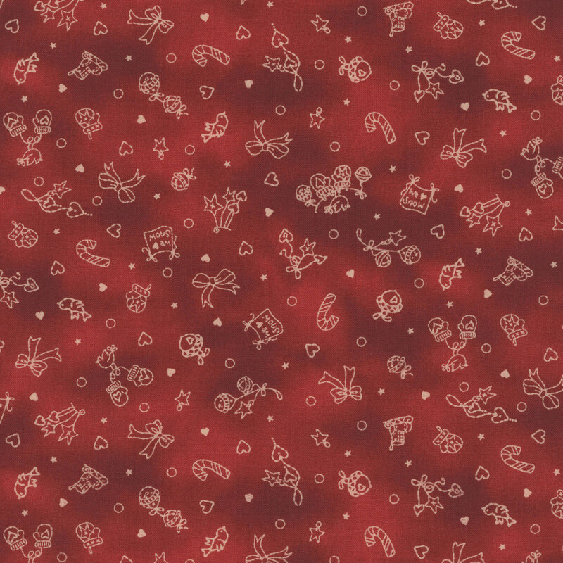 crimson textured, mottled background with tan line art of bells, ice skates, ornaments, and mittens