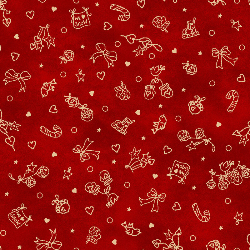 Crimson textured, mottled background with beige line art of bells, ice skates, ornaments, and mittens