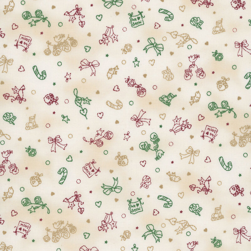 Light beige mottled background with burgundy, green, and beige line art of bells, ice skates, ornaments, and mittens