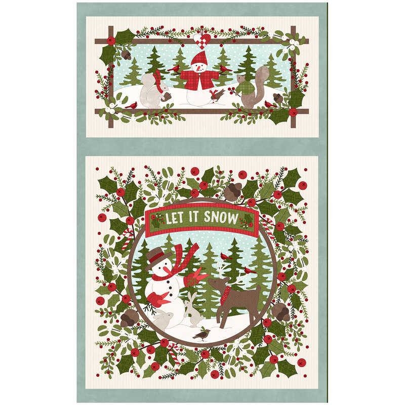 Panel fabric featuring a rectangle picture frame featuring a snowman and squires above a square framed image featuring a snowman, reindeer, and squirrels in different winter scenes.