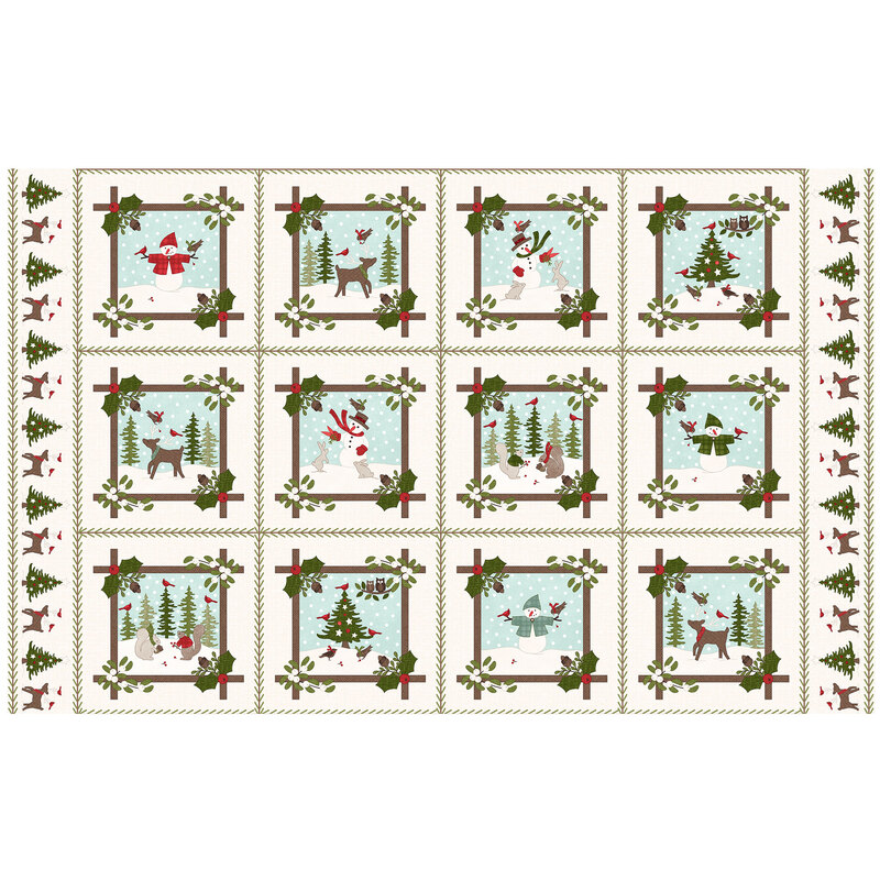 Panel fabric with twelve festive winter themed windows featuring showmen, reindeer, and decorated trees.