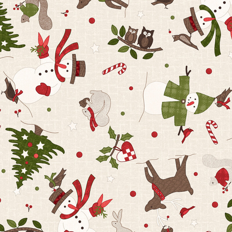Textured cream fabric featuring festive snowmen, squirrels, owls, and decorated trees.