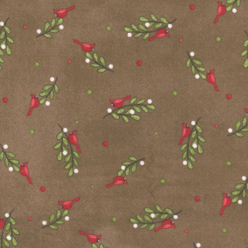 Cardinals resting on mistletoe, red dots, and green dots scattered on a textured brown background.