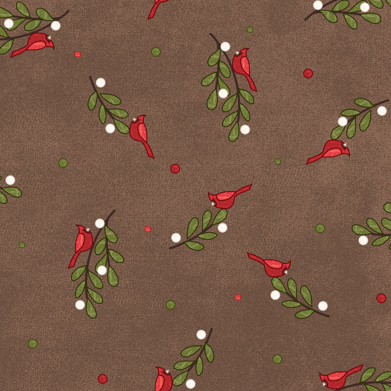 Cardinals resting on mistletoe, red dots, and green dots scattered on a textured brown background.