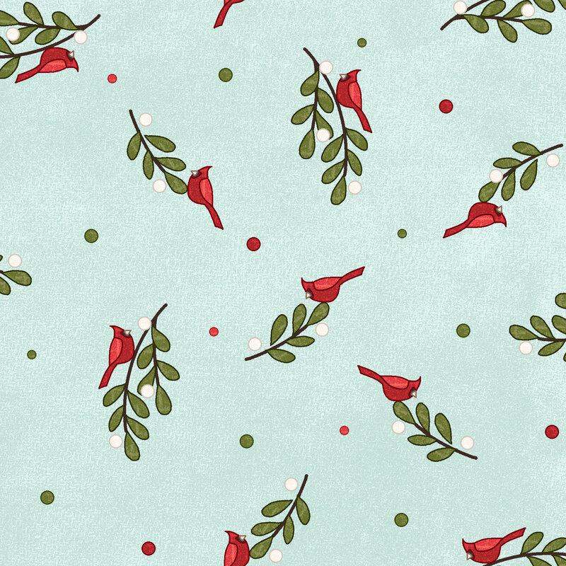Cardinals resting on mistletoe, red dots, and green dots scattered on a textured aqua background.