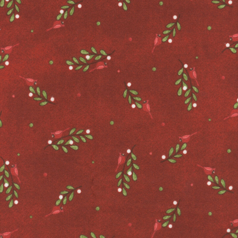 Cardinals resting on mistletoe, red dots, and green dots scattered on a textured deep red background.