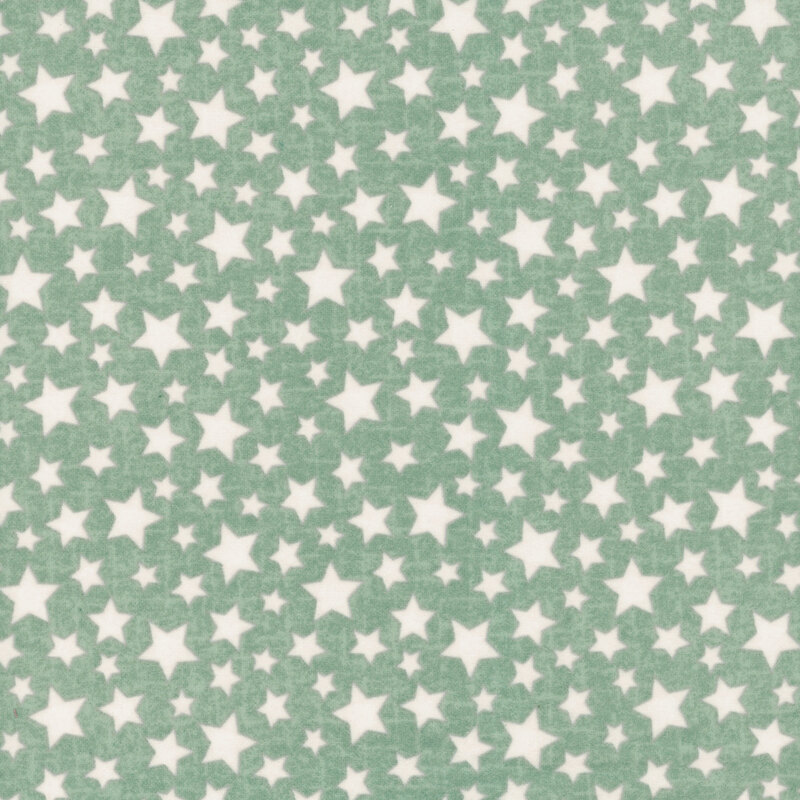White stars with brown outlines tossed on a textured teal fabric