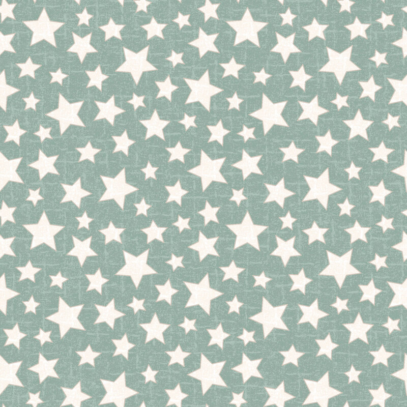 White stars with brown outlines tossed on a textured teal fabric
