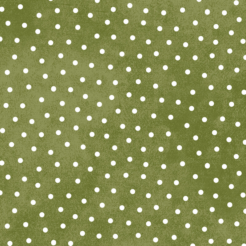 white polka dots scattered on a textured pine green background