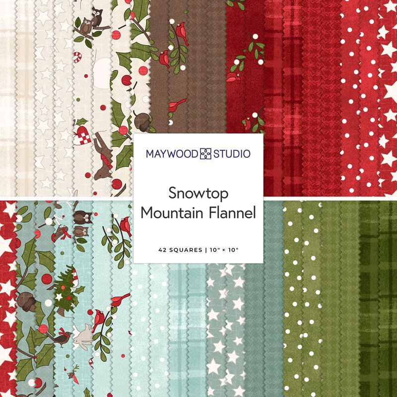 Two rows of patterned fabric swatches in cream, brown, red, aqua, and green with festive winter themes, labeled Snowtop Mountain Flannel from Maywood Studio.