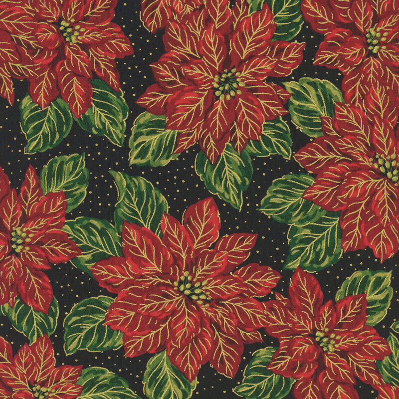 Elegant red poinsettias with gold metallic accents on a black background with metallic gold dots.