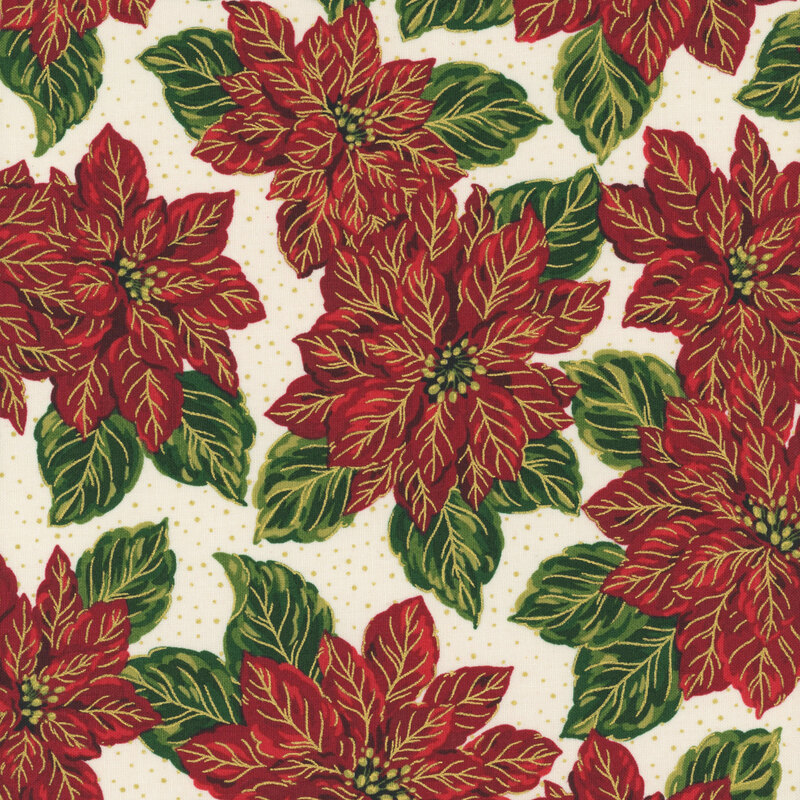 Elegant red poinsettias with gold metallic accents on a light cream background with metallic gold dots.