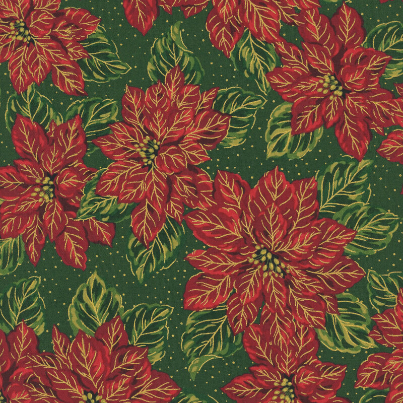 Elegant red poinsettias with gold metallic accents on a pine green background with metallic gold dots.
