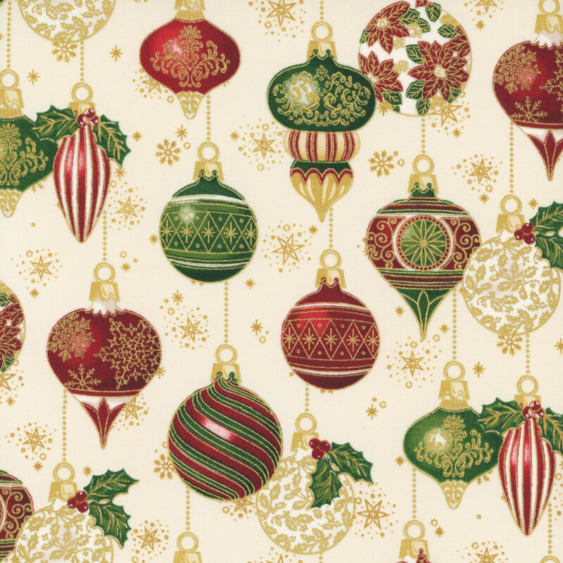 Light cream fabric featuring elegant ornaments with shimmering gold metallic accents.