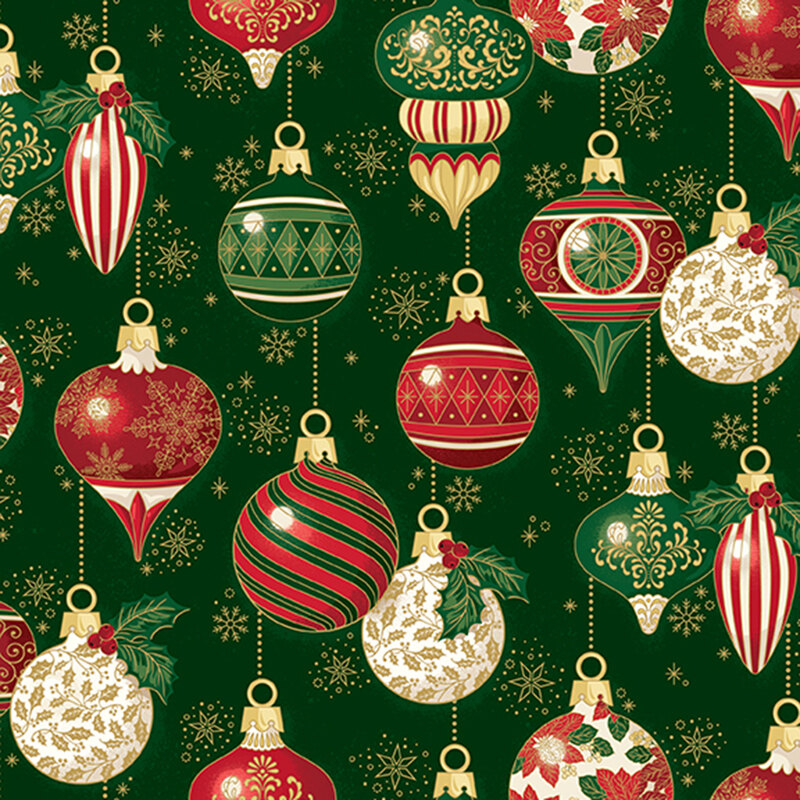 Pine green fabric featuring elegant ornaments with shimmering gold metallic accents.
