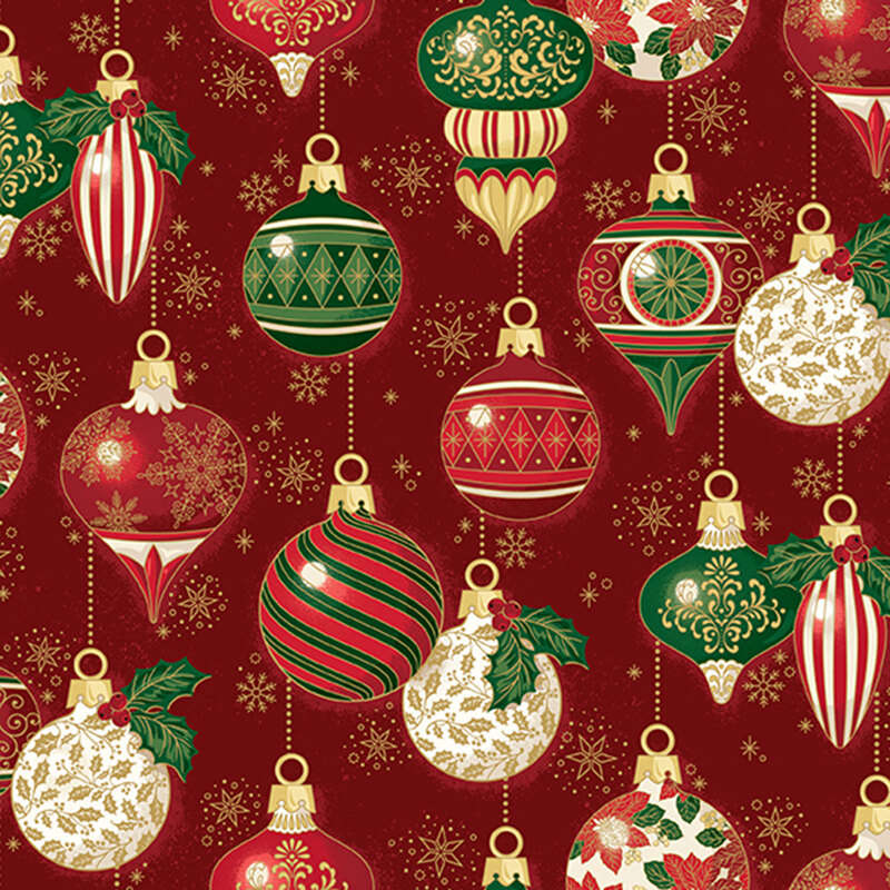 Ruby red fabric featuring elegant ornaments with shimmering gold metallic accents.