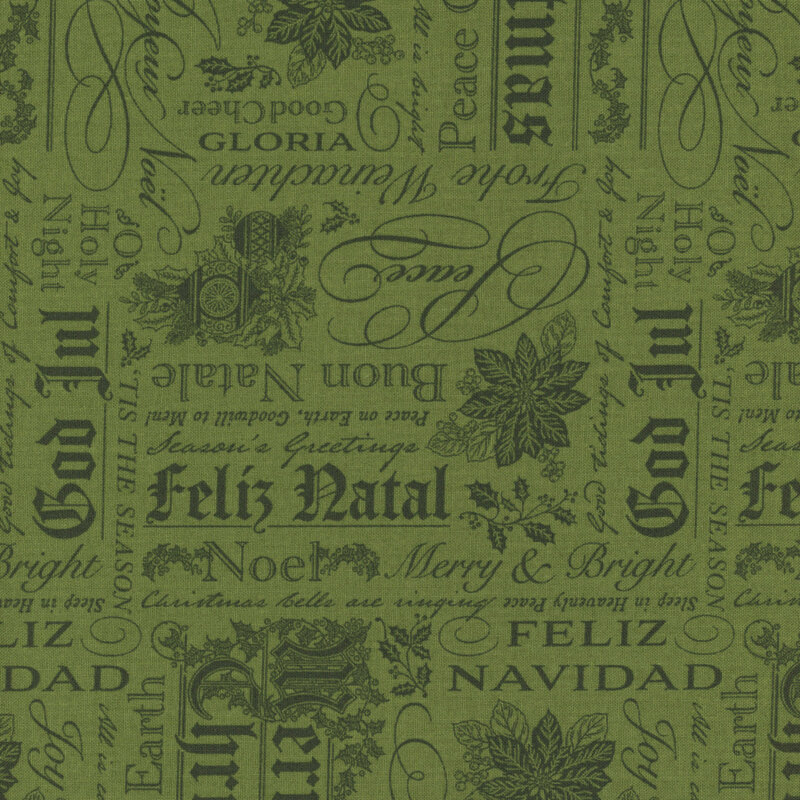 Pine green fabric featuring stylized Christmas greetings in multiple languages with ornaments, poinsettias, and holly.