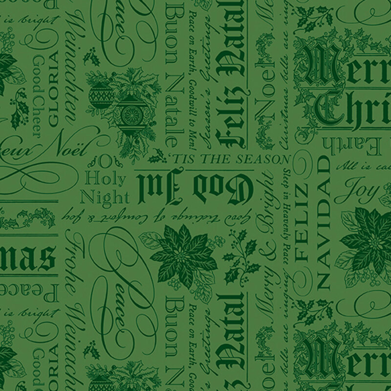 Pine green fabric featuring stylized Christmas greetings in multiple languages with ornaments, poinsettias, and holly.