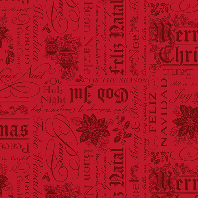 Ruby red fabric featuring stylized Christmas greetings in multiple languages with ornaments, poinsettias, and holly.