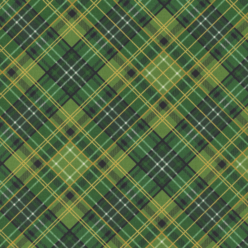 Green, black, and gold metallic plaid fabric.