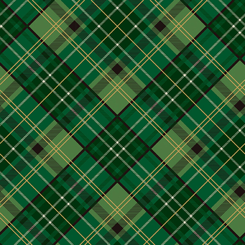 Green, black, and gold metallic plaid fabric.
