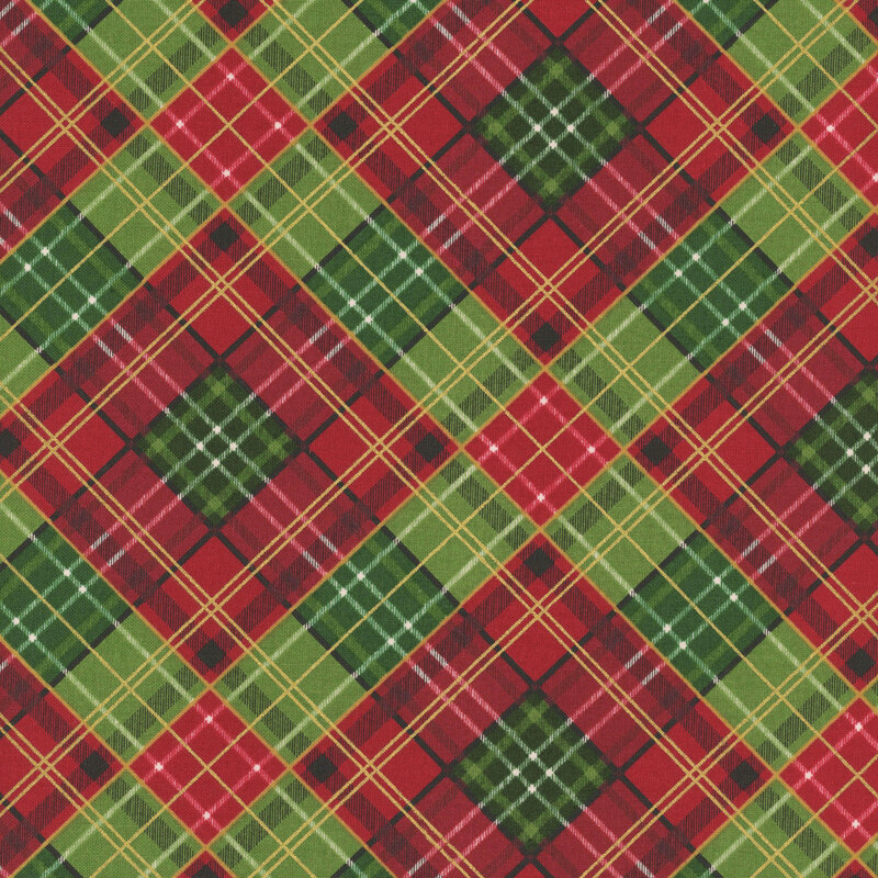 Green and red plaid with black and gold metallic accents.